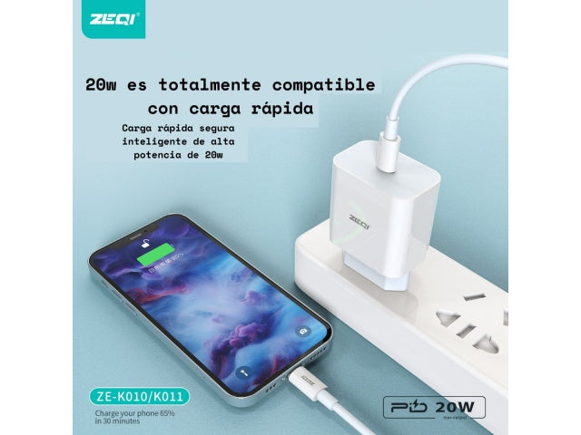 ZEQI En stock ZEQI CARGADOR DE PARED QC3.0 (CON UNA SALIDA PD USB-C 20W) MODEL: ZE-K010
