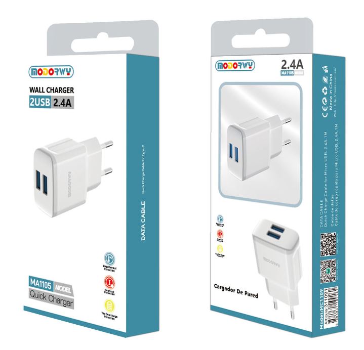 CARGADOR DE PARED CON DOS SALIDAS USB (2.4A)