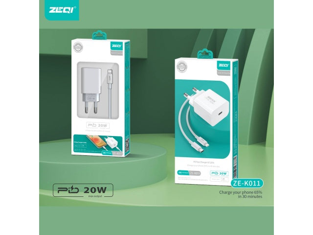 ZEQI CARGADOR DE PARED QC3.0 (CON UNA SALIDA PD USB-C 20W + CABLE LIGHTNING) MODEL: ZE-K011