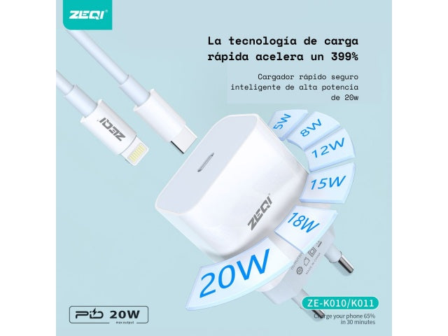 ZEQI CARGADOR DE PARED QC3.0 (CON UNA SALIDA PD USB-C 20W + CABLE LIGHTNING) MODEL: ZE-K011
